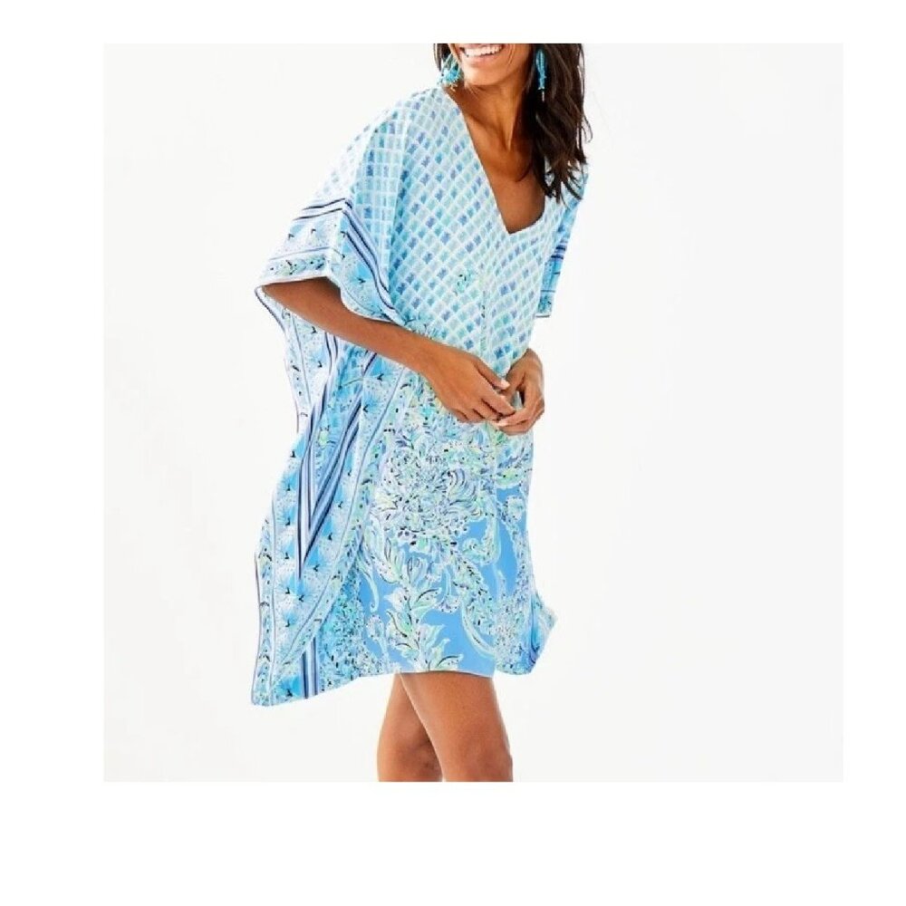 NWT Lilly Pulitzer Lindamarie Silk Caftan Bondi Blue Scuba Do sz S/M